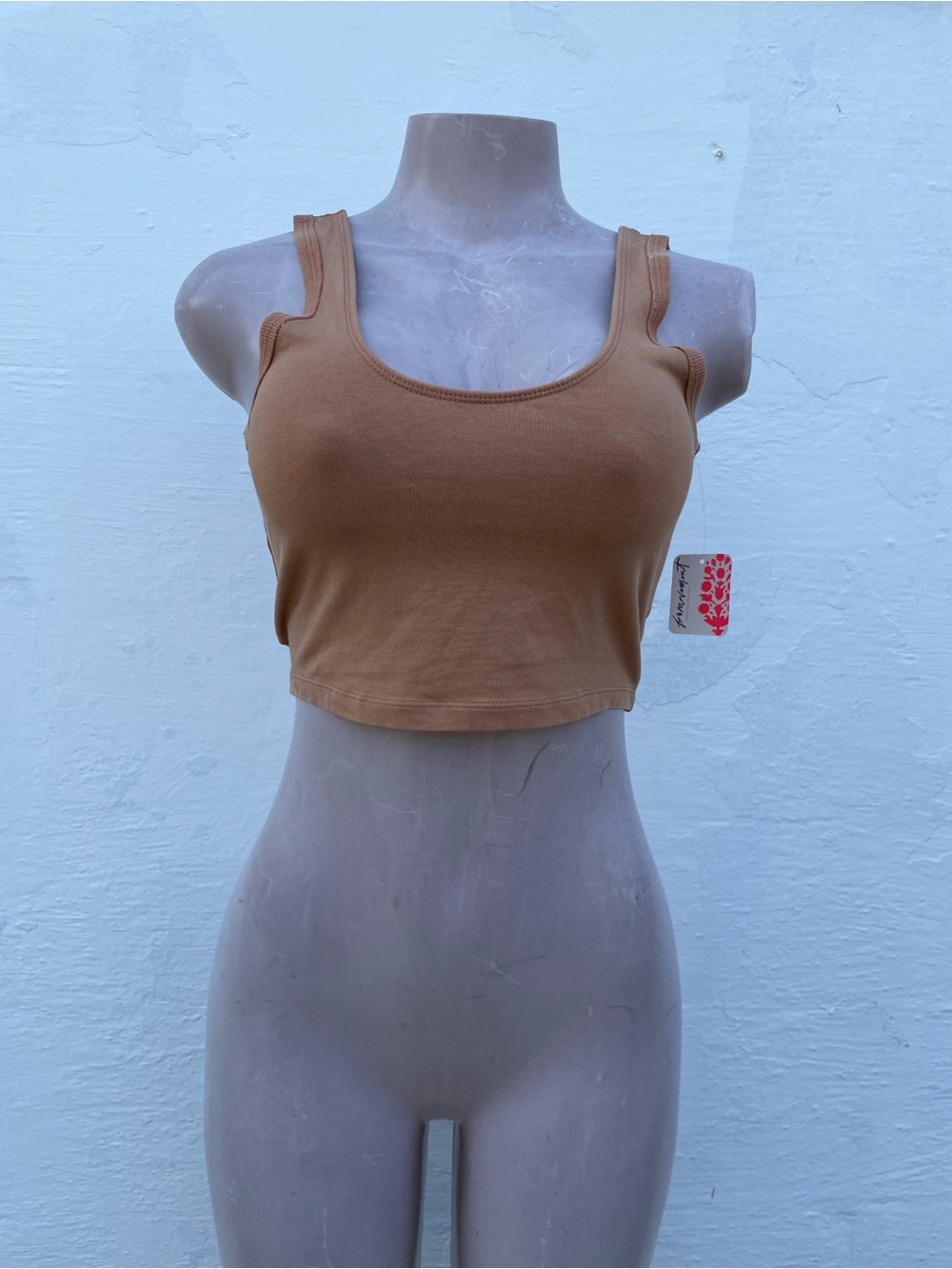 Free People Brown Ribbed Crop Tank with White Floral Detail